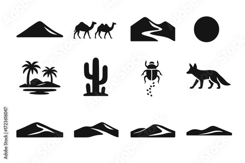 Camel horizon oasis vector desert icon line tracks caravan cluster collection dune