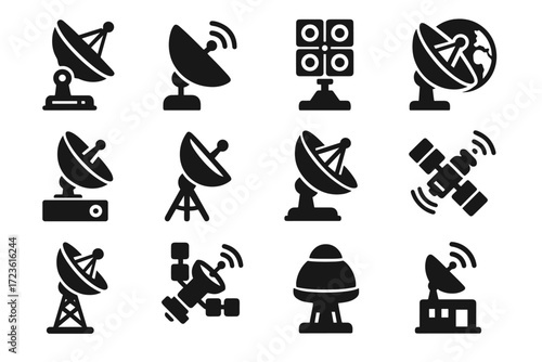 Portable satellite array icons icon vector antenna system signal beacon communication tracking