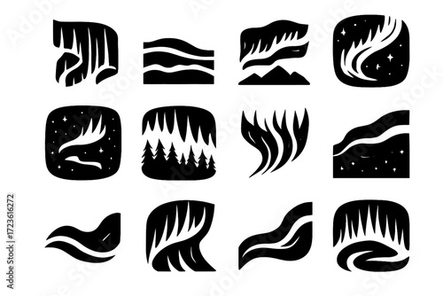 Night vector forest collection ribbons glowing mountain icon filled wave aurora curtain