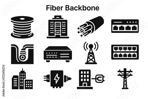 Node backbone icon panel vector conduit fiber icons data signal cable core