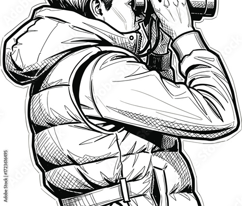 Black and white sketch of person with binoculars, outdoor observer pose, detailed clothing texture, hooded jacket, vector illustration, nature watcher