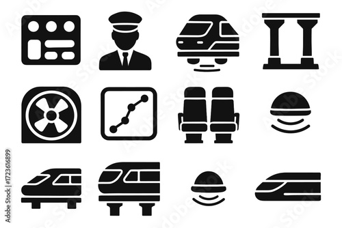 Detection maglev sleek elevated vector icon suspension train buttons design guideway fans