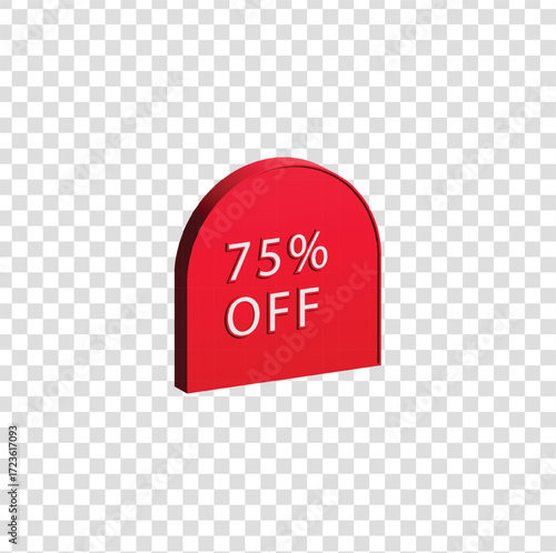 3D red rounded badge icon with text "75% OFF", representing big discount, promotion, and clearance sale.