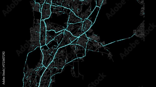 Urban Traffic Flow Map Simulation in Mumbai, India, GPS Smart city route Transportation