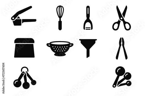 Cutter funnel icon spoons beater press vector kitchen icons garlic colander utensils