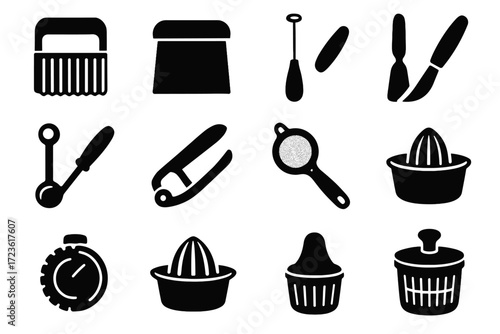 Vector kitchen press strainer icons scraper wand bench baller utensil juicer crinkle