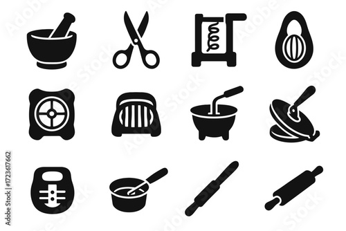Food corer press apple herb mortar icons scissors vector kitchen utensil mill