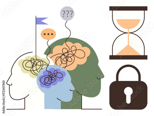 Human heads with tangled thoughts, question mark, speech bubble, and hourglass evoke cognitive challenges, problem-solving, goal-setting, and time pressure. Ideal for psychology, neuroscience