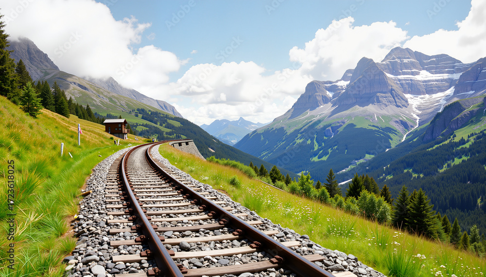 Fototapeta premium Scenic mountain railway tracks winding through lush green valley 