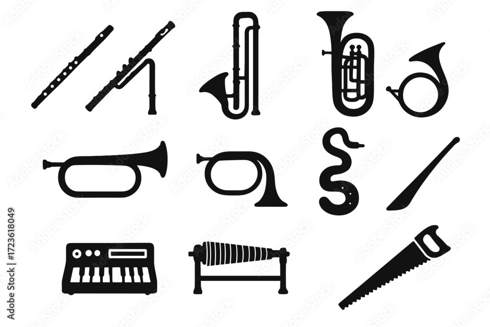 Obraz premium Horn saw vector icons orchestra natural flute bugle tuba collection icon instrument