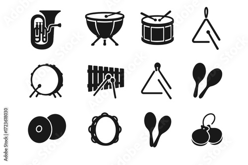 Orchestra instrument tambourine tuba icon drum bass cymbals castanets icons triangle xylophone