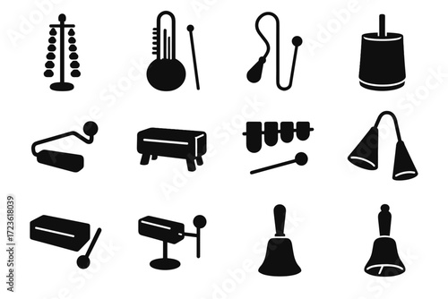 Vector agogo blocks icon drum handbell vibraslap icons tree temple instruments bells