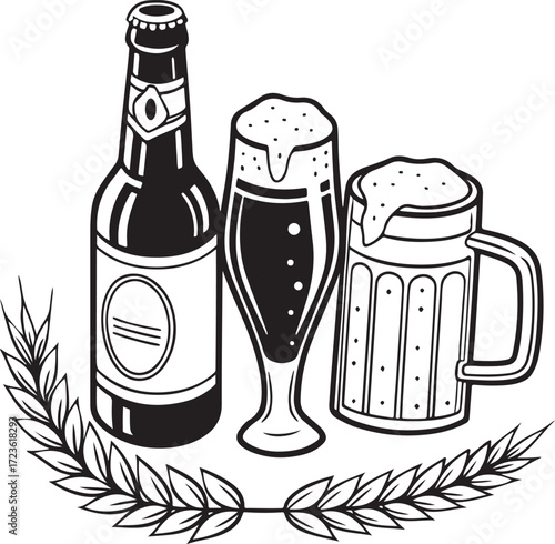 Beer Bottle and Glasses with Foam Illustration