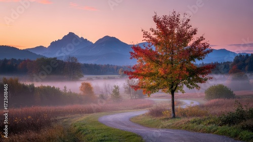Vibrant Autumn Morning Landscape Tree Colorful Leaves Winding Road Through Foggy Valley Misty Mountains Background Soft Dawn Light Peaceful Nature