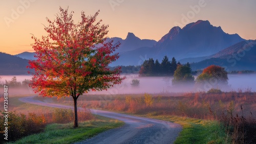 Colorful Autumn Dawn Landscape Tree Red Leaves Winding Road Foggy Valley Misty Mountains Background Warm Light Serene Nature Photography Calm Fog