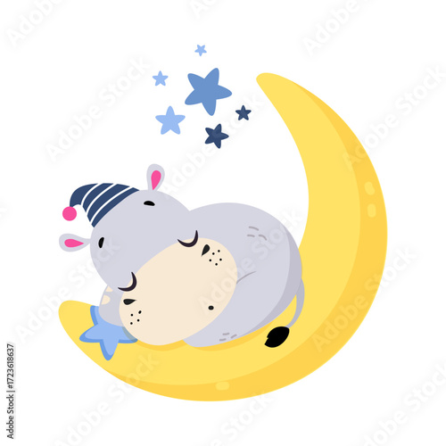 Moon with Hippo Animal Sleeping Have Sweet Dreams Vector Illustration