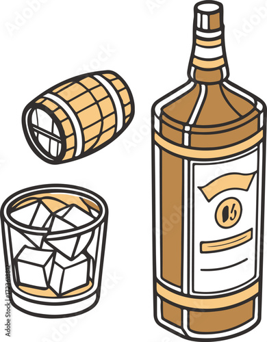 Whiskey Bottle and Glass with Ice Illustration