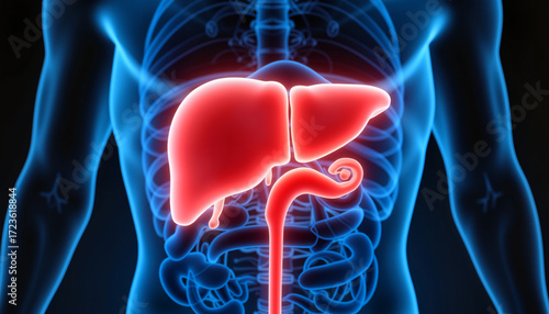 Human liver anatomy with highlighted elements in blue background  