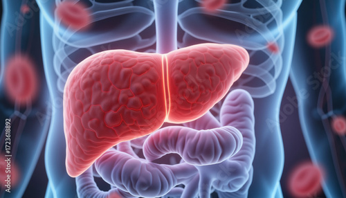3D illustration of human liver with surrounding organs and blood vessels  