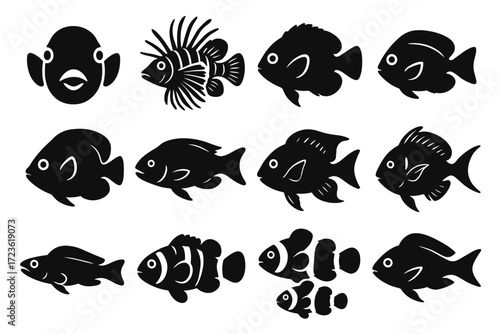 Large striped wrasse icon fish lionfish spotted tang swimming icons vector reef
