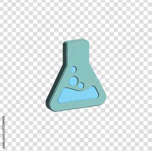3D icon of a turquoise laboratory flask with liquid, symbolizing science, experiment, and research.