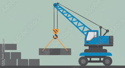 Flat vector 2D design of a construction site with workers wearing helmets, scaffolding, and safety signs, modern flat style