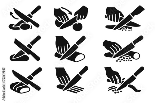 Vector rocking icons techniques push peeling knife chop downward fine slicing motion