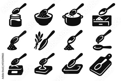 Spoon scoop icons bundle drawer vector pot icon herb spice over digital