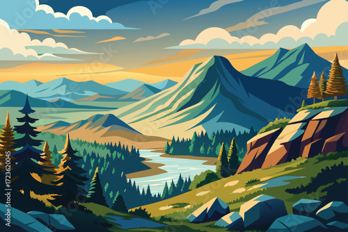 Alpine summer landscape with mountain peaks, forest, and reflection in a valley lake