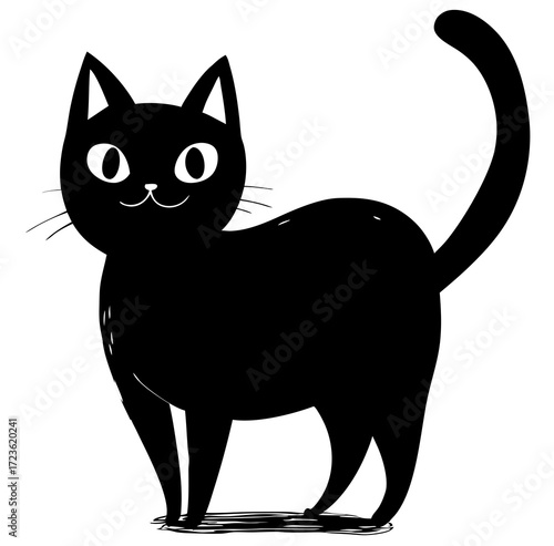 Cute cartoon black cat illustration standing with a friendly expression on a clean white background. Adorable pet animal character drawing.
