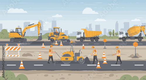 Flat vector 2D design of a construction site with workers wearing helmets, scaffolding, and safety signs, modern flat style