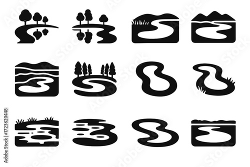Shape oxbow forested vector lake icon tree curve icons border lakeside drying