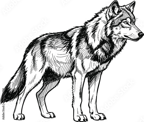 Black and white wolf illustration, realistic animal sketch, detailed fur texture, wild predator pose, nature vector art, wildlife drawing design