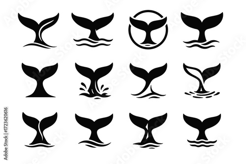 Silhouette fluke icon elegant whale tail diving vector line ocean
