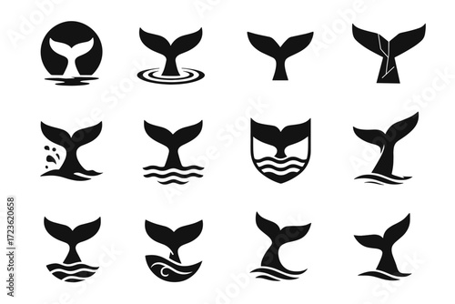 Icon vector whale tail over diving sea tails silhouette lines fluke