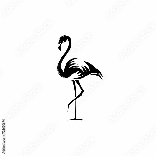 Elegant black flamingo silhouette vector illustration, tropical bird standing on one leg, minimalist exotic animal icon design