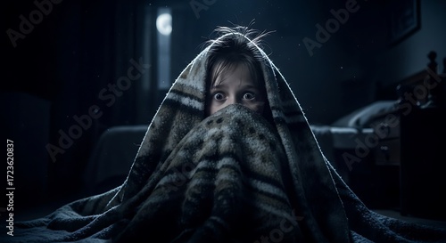 Scared Child Under Blanket.