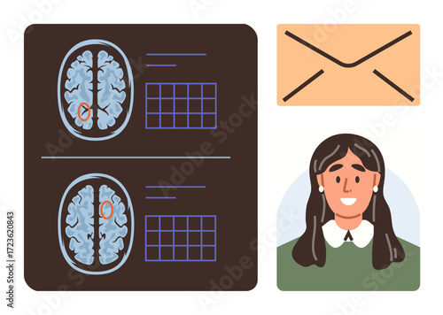 Brain scans, a smiling woman, and an envelope representing thoughts, neuroscience, data sharing. Ideal for healthcare, communication, education mental health technology diagnostics innovation. A
