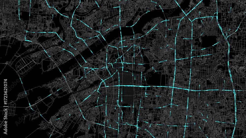 Traffic Flow Simulation Map Urban Traffic Flow Map Simulation in Ōsaka, Japan, GPS Smart city route ...