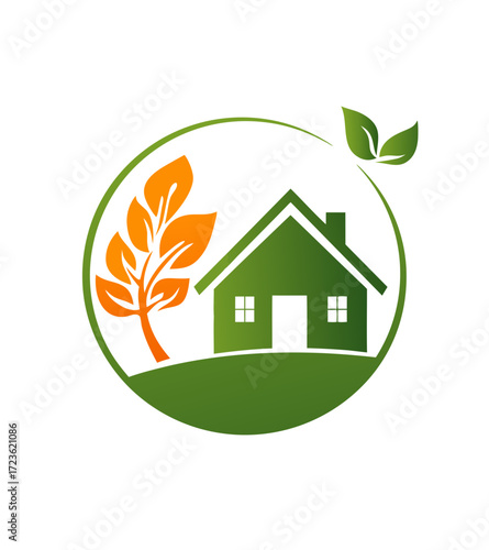 Eco-friendly green house logo with plant and leaves in a circle, representing sustainable living and natural real estate.