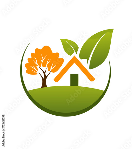 Eco-friendly home and nature illustration with green house, leaves, and orange tree on a vibrant green landscape. Sustainable living real estate concept.