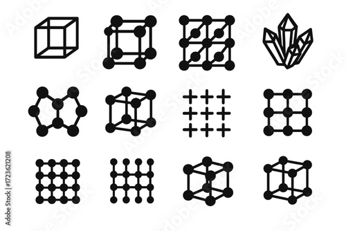 Icons form interlinking periodic atomic crystal spheres lattice mesh molecular vector icon