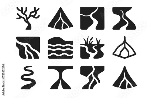 Vector fan map design icons delta icon river winding smooth ocean sediment