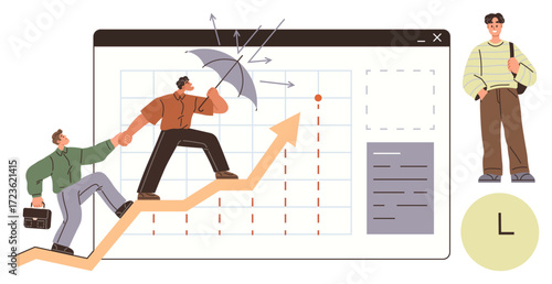 Two individuals climb upward on an arrow graph, one helping the other, symbolizing teamwork. One holds an umbrella for protection, signifying risk management. Other individual, clock hint time. Ideal