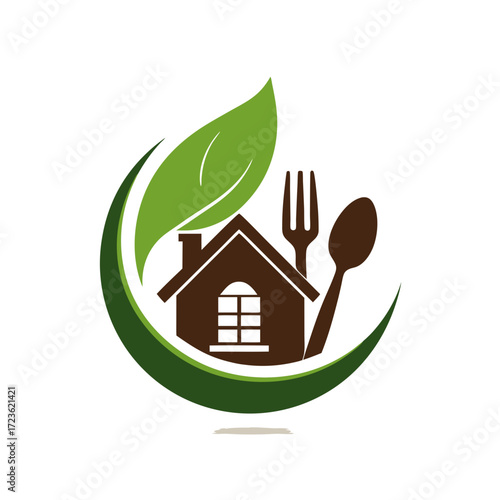 Eco-friendly healthy eating and home food delivery service concept vector logo with green leaf, house, fork, and spoon