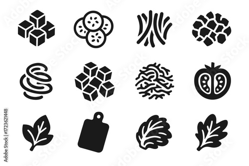 Icons cubed vegetable cucumber onion icon diced cut zucchini spiral beet vector