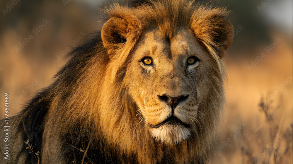 Fototapeta premium Regal Lion with Golden Mane and Piercing Gaze in Warm Sunlight