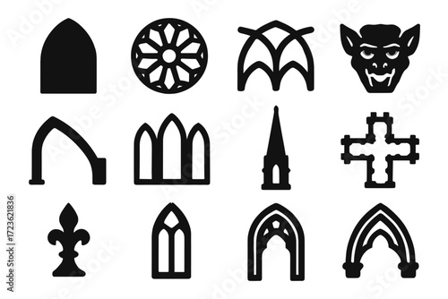 Vector tower spire icons ribbed buttress rose icon cathedral gothic stone architectural