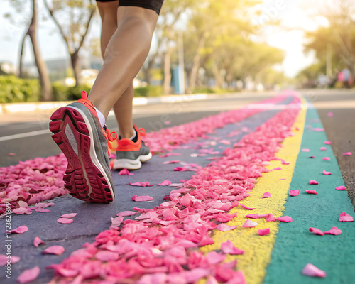 running on the road, A close-up of a runner's foot stepping onto a vibrant path decorated with pink petals in a sunny outdoor setting. Breast Cancer, Breast Cancer Awareness