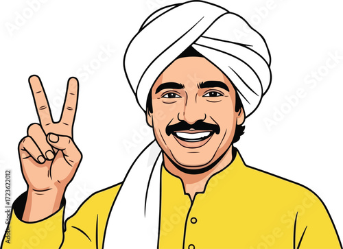 Indian farmer showing victory sign with his hand vector illustration